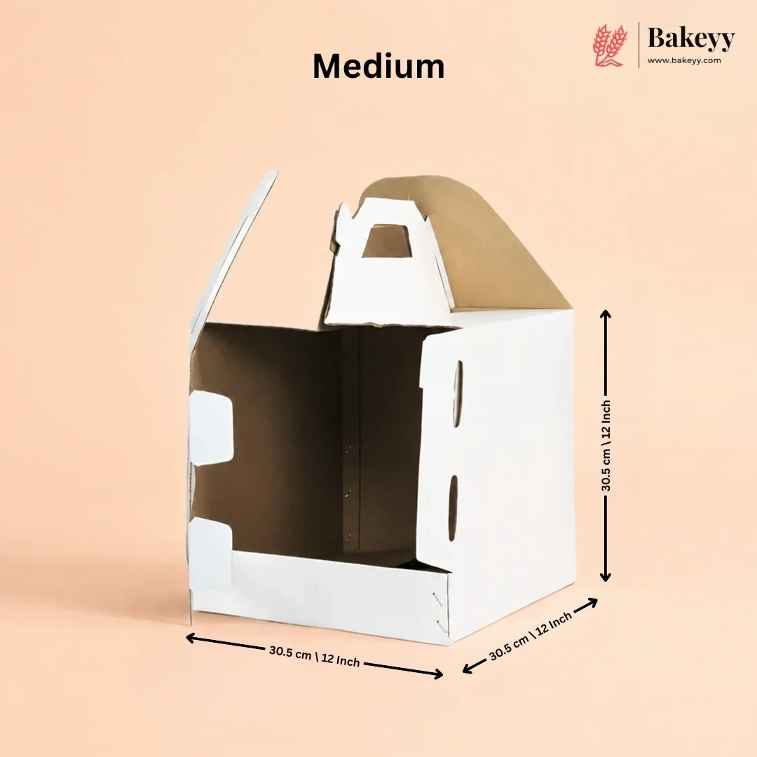 Medium-sized cardboard box with dimensions on a beige background, featuring the Bakey brand.