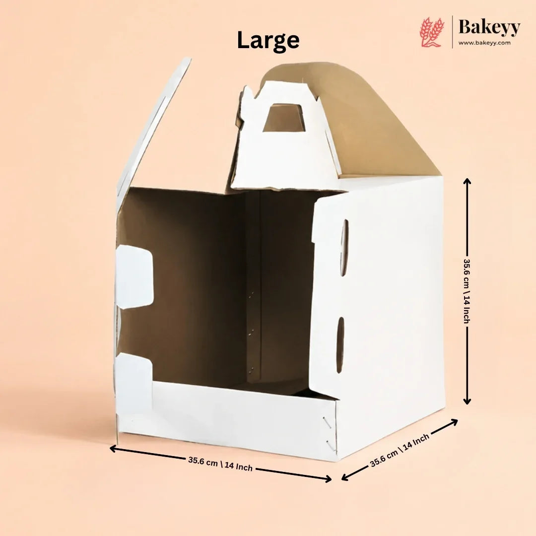 Large cardboard cat house with dimensions on a beige background, featuring the Bakey brand.