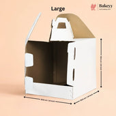 Large cardboard cat house with dimensions on a beige background, featuring the Bakey brand.