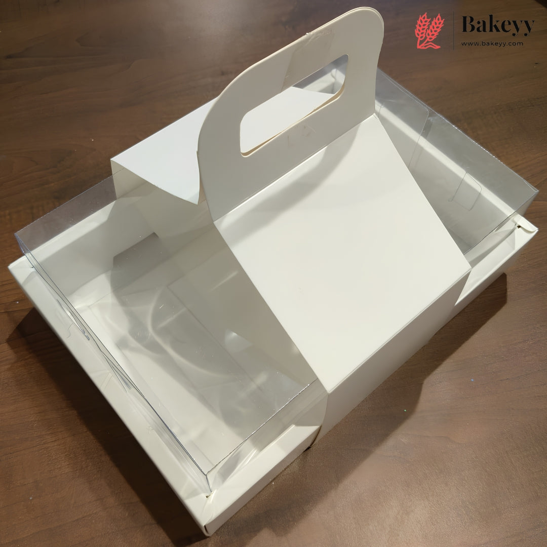 White Double Wall Hamper Box Dessert & Pastry Packaging with Transparent Lid & Handle | Pack of 10