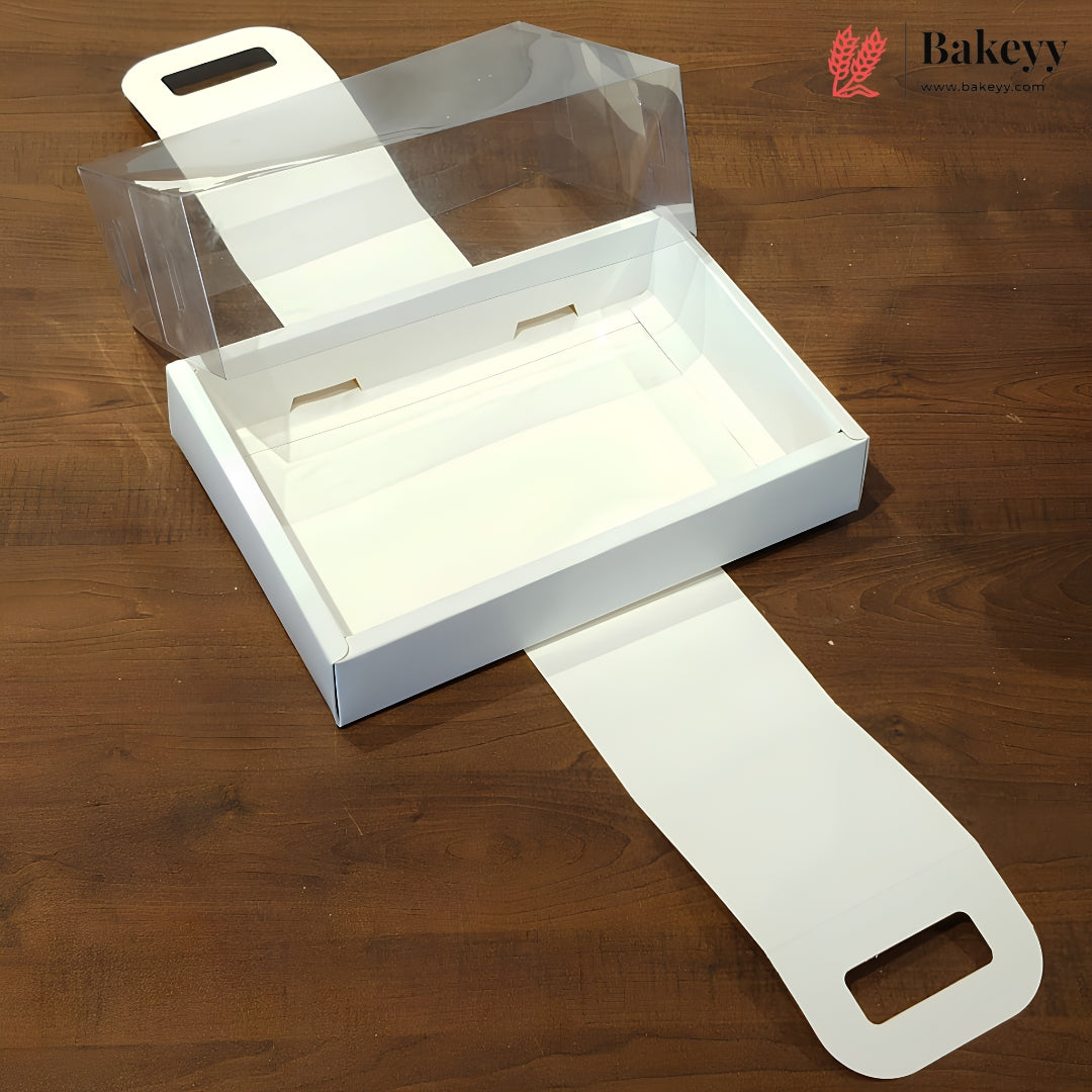 White Double Wall Hamper Box Dessert & Pastry Packaging with Transparent Lid & Handle | Pack of 10