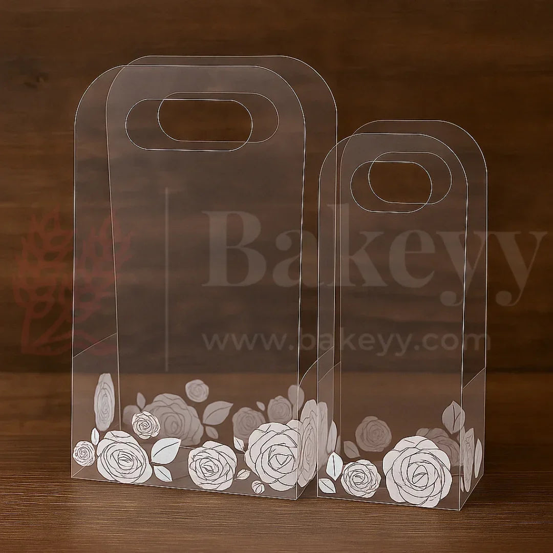 Clear plastic bags with floral design on a wooden surface, featuring the brand 'Bakeyy'.