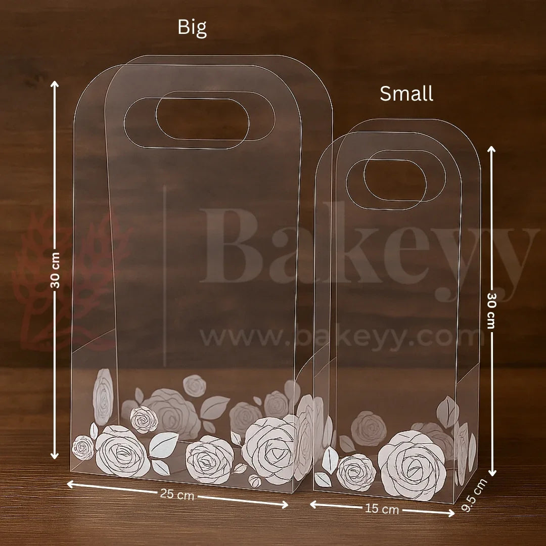 Clear packaging boxes with floral design and measurements on a wooden background, featuring the brand 'Bakeyy'.