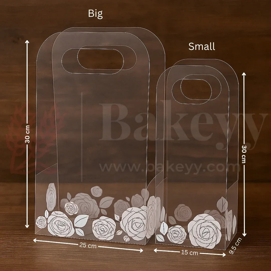 Clear packaging boxes with floral design and measurements on a wooden background, featuring the brand 'Bakeyy'.