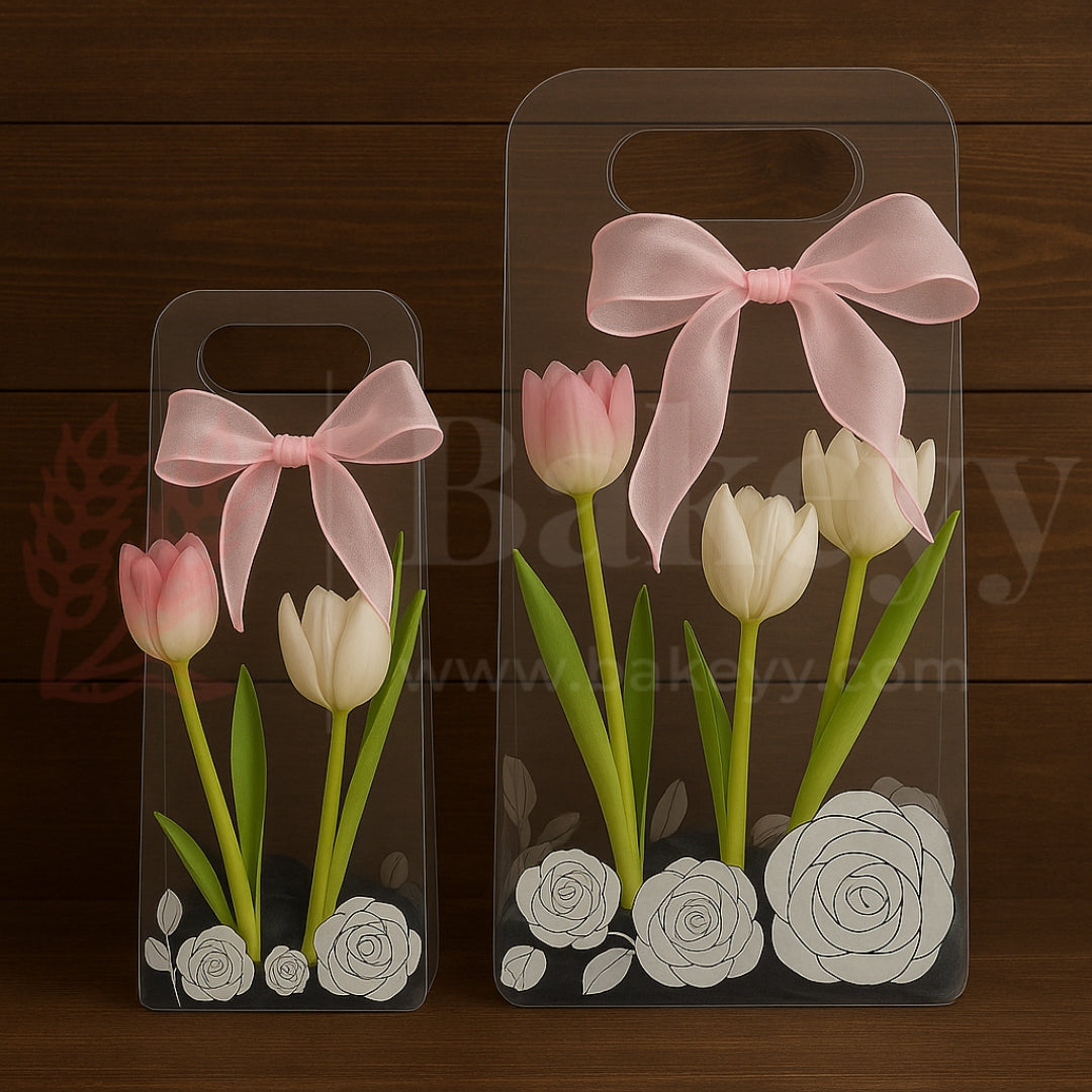 Transparent phone case with pink bow and tulips on a wooden background