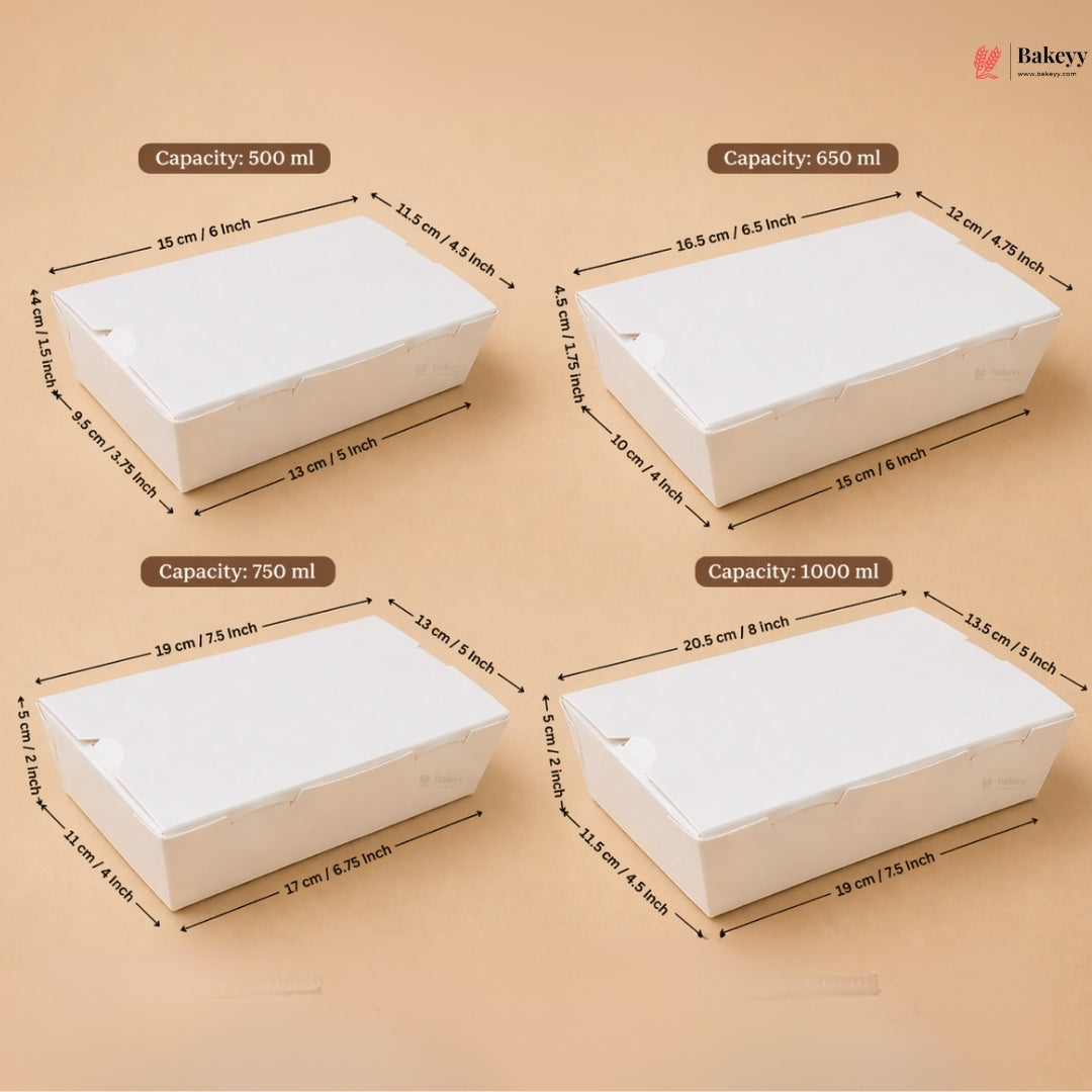 White Food Packaging Box with Lid | Takeaway Snack Box | 4 Sizes Available | Pack of 50