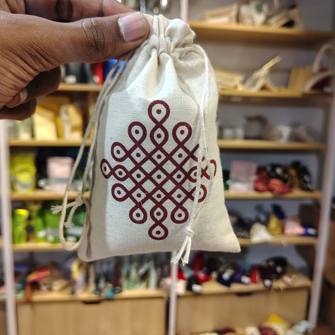 Coral Kolam Print Cotton Drawstring Potli Bag | Pack of 10