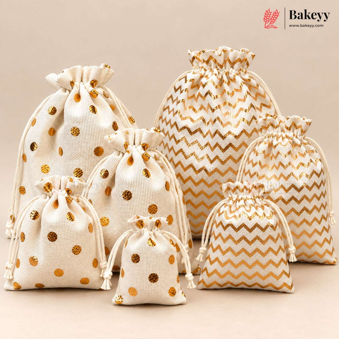 A set of cream drawstring gift bags in various sizes, featuring gold metallic foil patterns including polka dots and chevron stripes. The bags are arranged on a neutral beige background with a Bakeey brand logo in the top right corner.