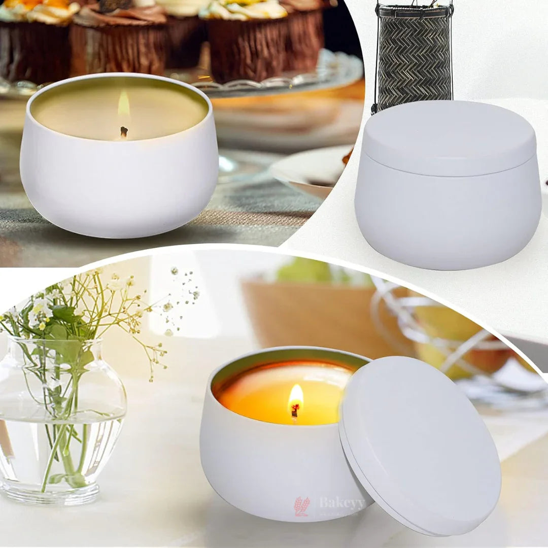 White candle tin box with lid, ideal for bakery gift packaging from Bakeyy.com