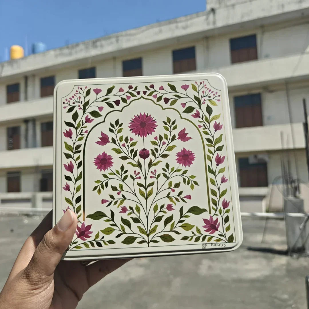 Premium Elegant Floral Tin Box – Pink & Gold Accents| Pack of 1 - Bakeyy.com - India - Premium Elegant Floral Tin Box – Pink & Gold Accents| Pack of 1 - 6x6x2 Inch 125.00