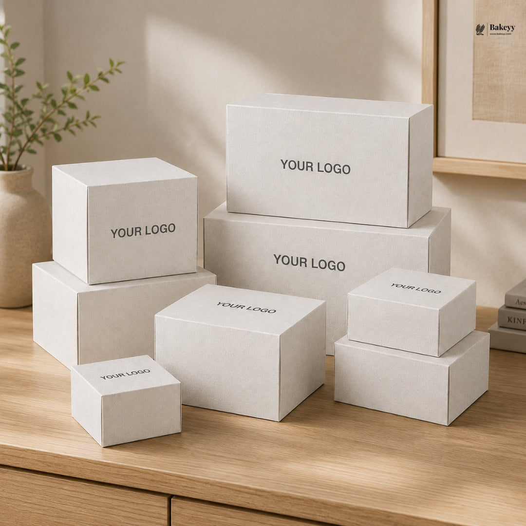 Set of white boxes with 'YOUR LOGO' text on a wooden surface.