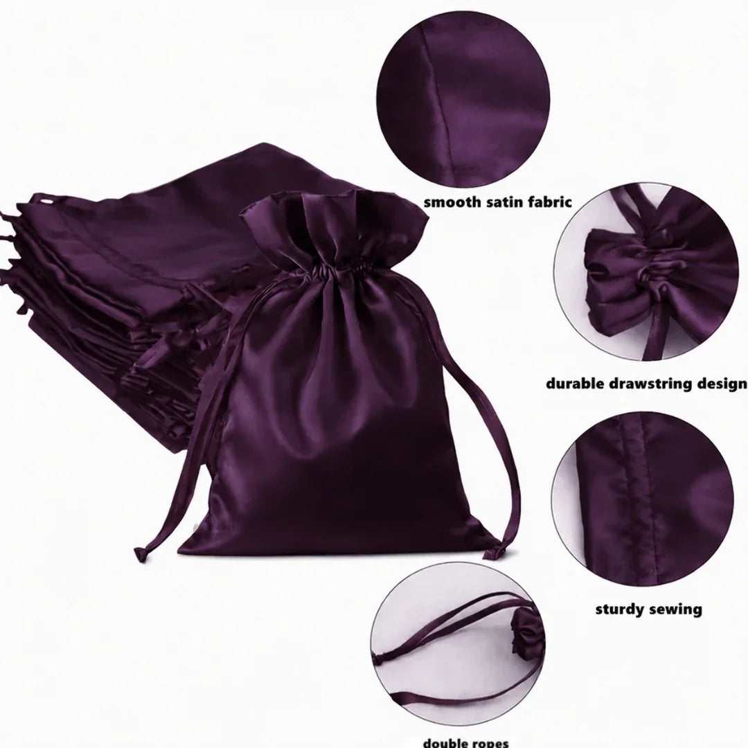 A set of dark purple satin drawstring gift bags shown on a white background, with four circular detail callouts highlighting smooth satin fabric, durable drawstring design, sturdy sewing, and double rope drawstrings.