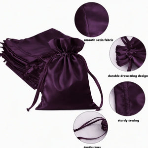 A set of dark purple satin drawstring gift bags shown on a white background, with four circular detail callouts highlighting smooth satin fabric, durable drawstring design, sturdy sewing, and double rope drawstrings.