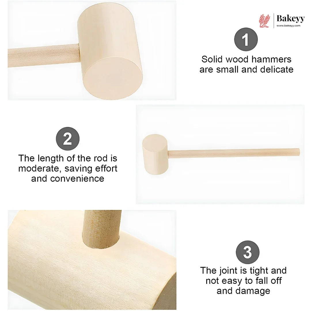A four-panel product information graphic for a Bakeyy solid wood mallet. The panels show close-ups of the light natural wood mallet head and handle, along with three numbered text callouts explaining its solid wood construction, moderate length, and secure joint.