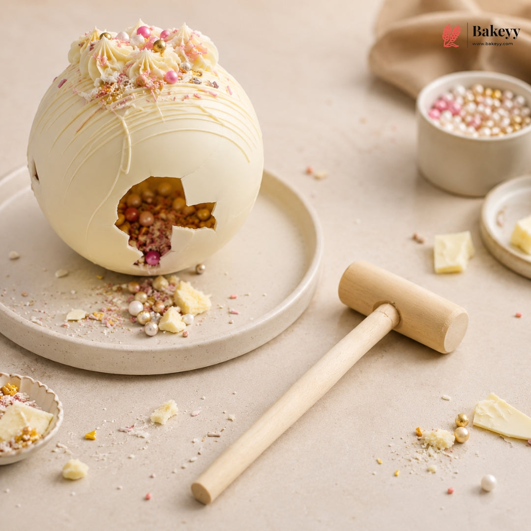 A beautifully styled product photo of a white chocolate egg with a decorative cutout revealing a colorful berry filling, shown on a beige surface with a wooden mallet, white chocolate pieces, and bowls of sprinkles. The Bakeery logo is visible in the top right corner.