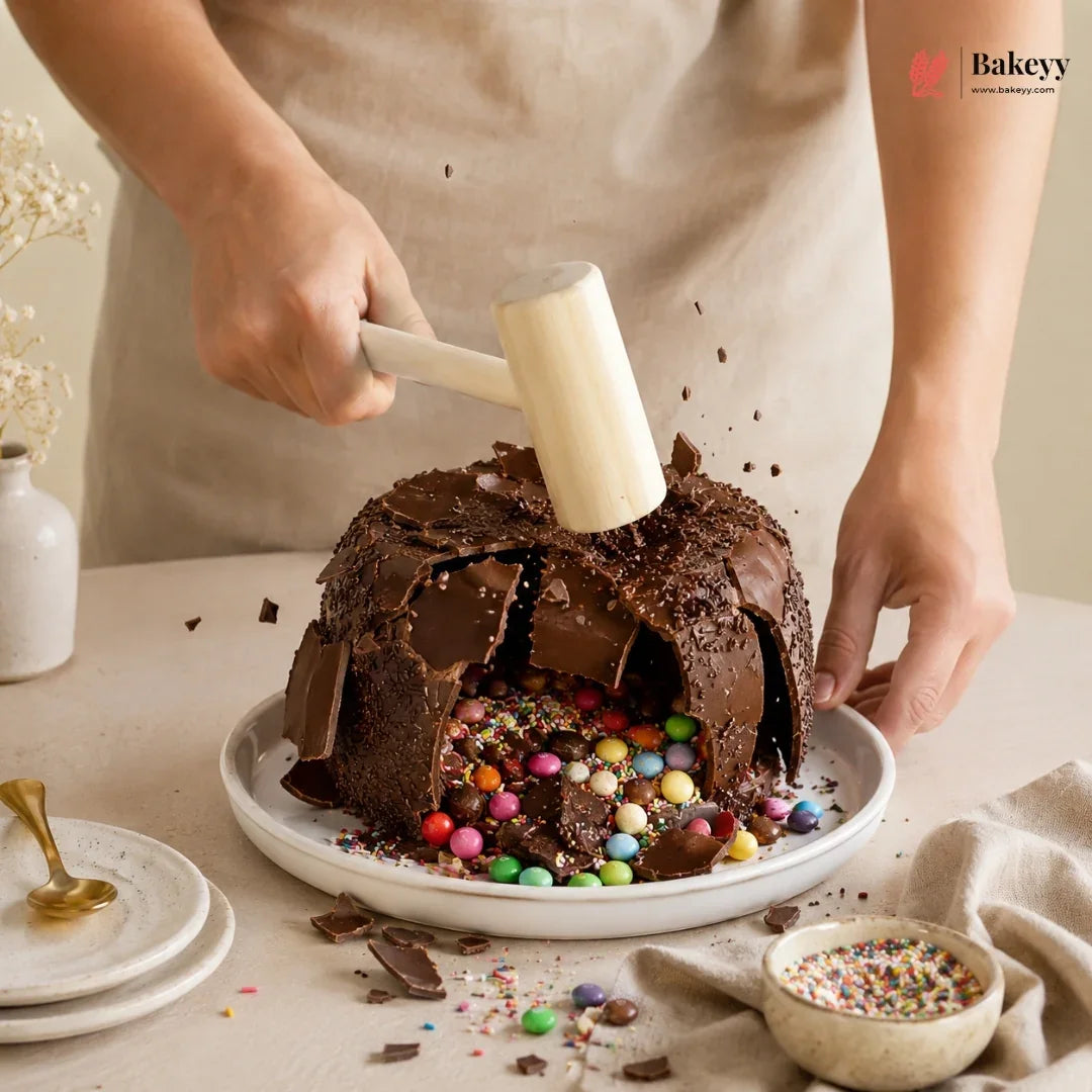 A person in a beige apron uses a wooden mallet to smash a chocolate cake filled with colorful candies on a white plate, with crumbs and sprinkles scattered on a light beige table.