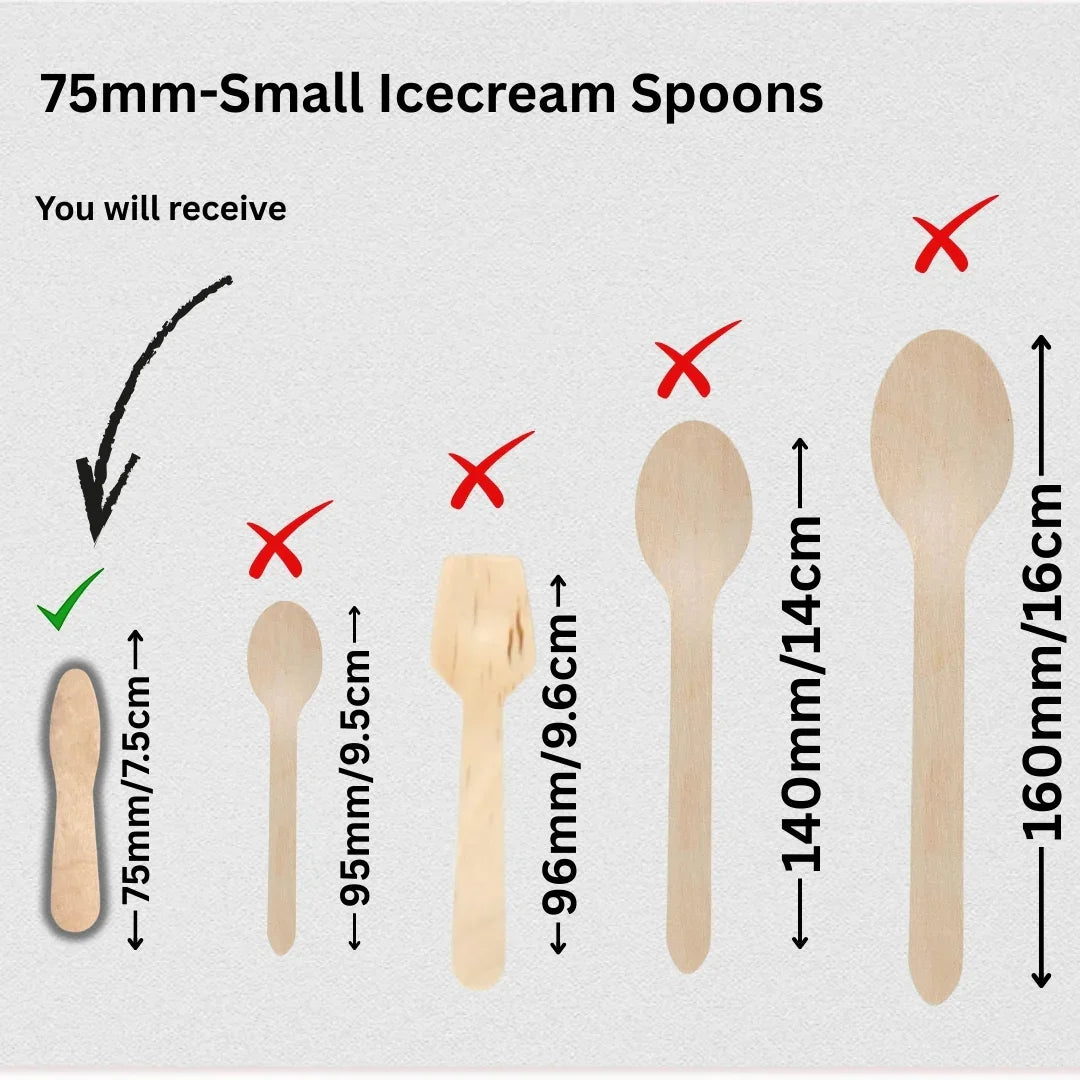 Bakeyy.com small 75mm wooden ice cream spoons comparison with other cutlery sizes