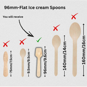 Flat wooden ice cream spoons 96mm size comparison for Bakeyy baking supplies India