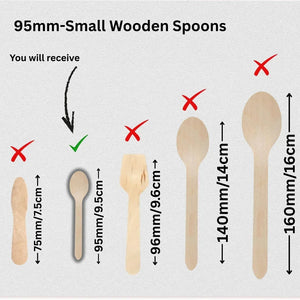 Comparison chart of wooden spoons with checkmark on 95mm small wooden spoon from Bakeyy.com wholesale baking supplies.