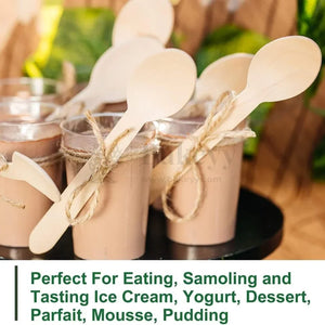 Wooden spoons in dessert cups tied with twine, ideal for yogurt, parfait, or mousse, Bakeyy supplies