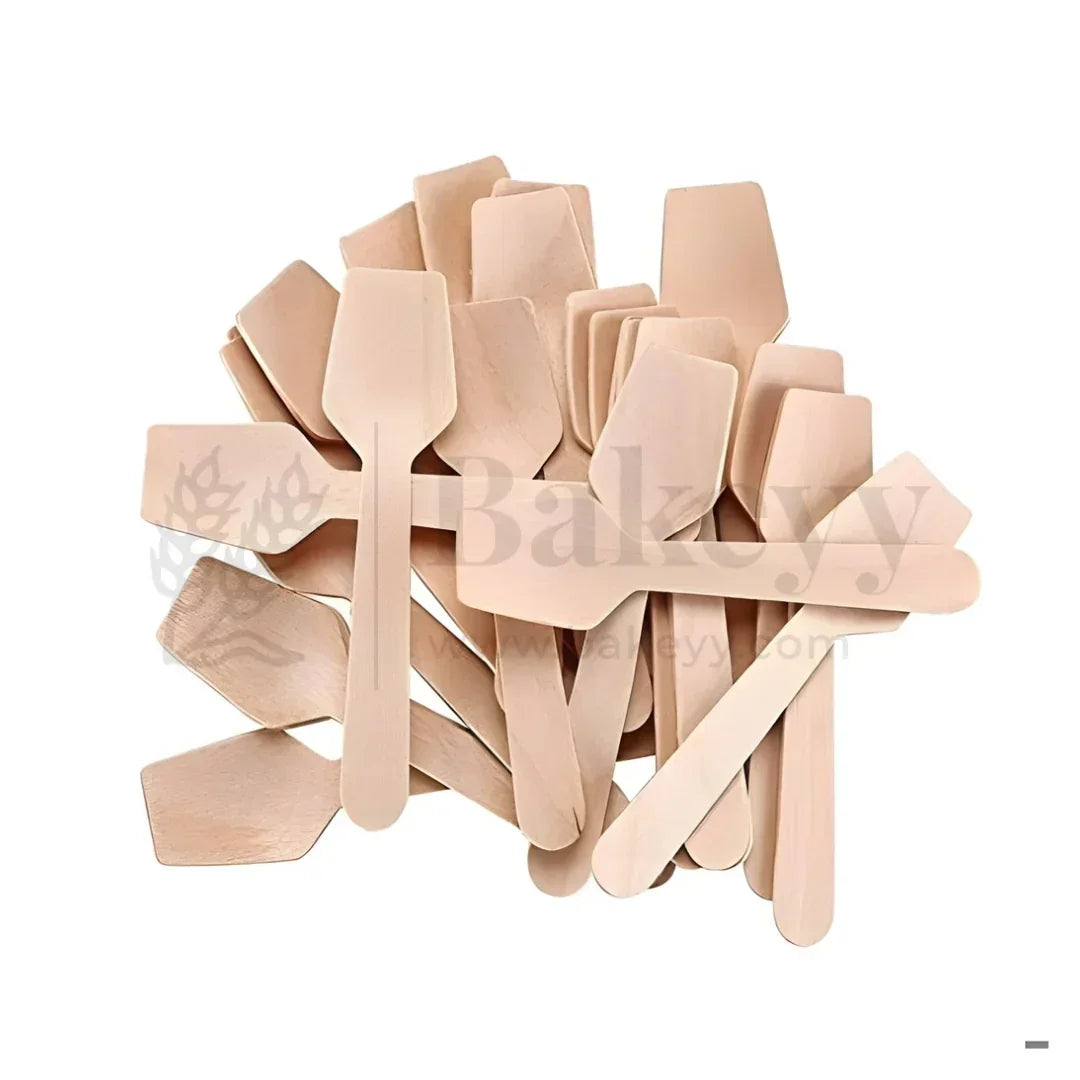 Stack of flat wooden spatula spoons for baking supplies on white background, Bakeyy.com