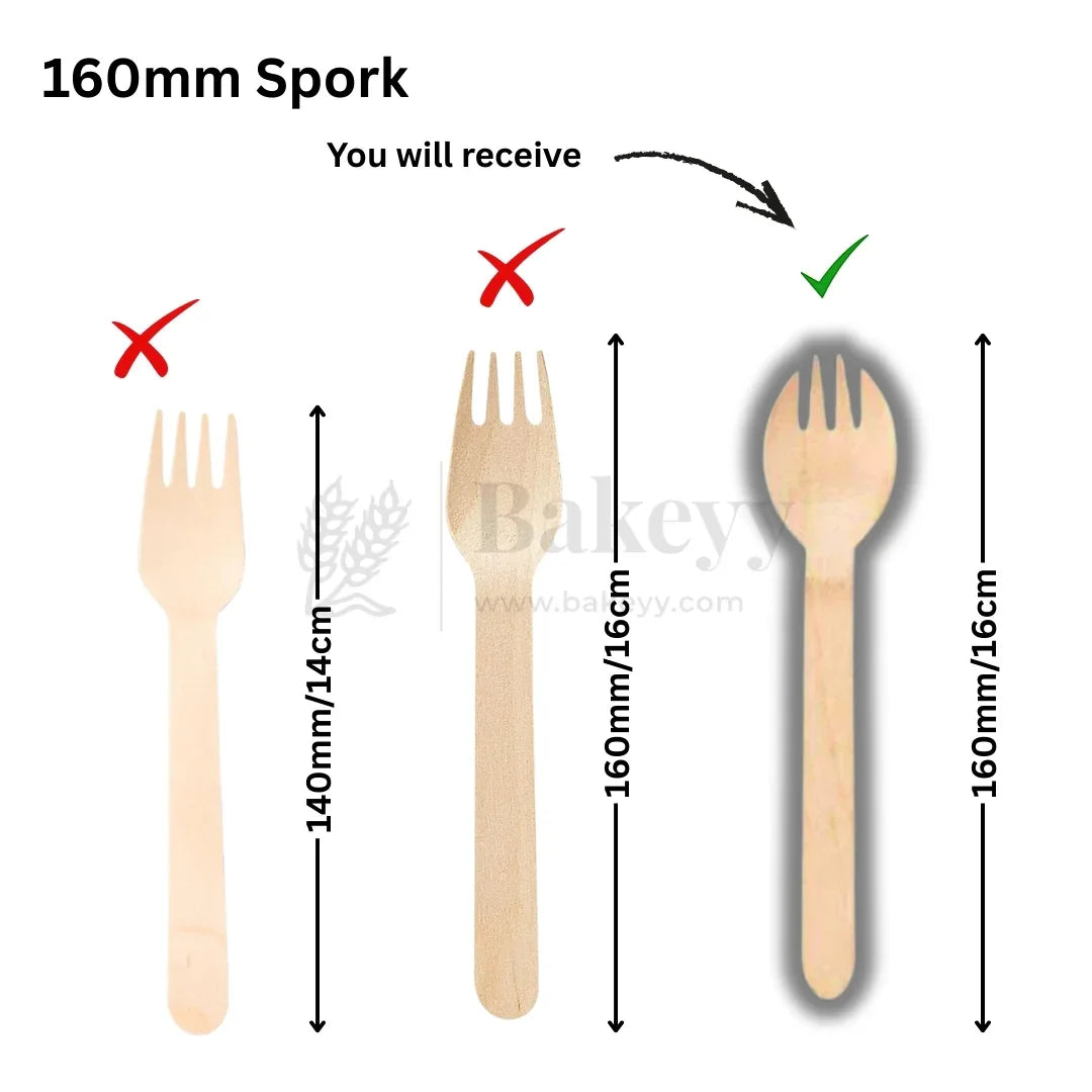 160mm wooden spork comparison with correct size highlighted, wholesale baking supplies from Bakeyy.com