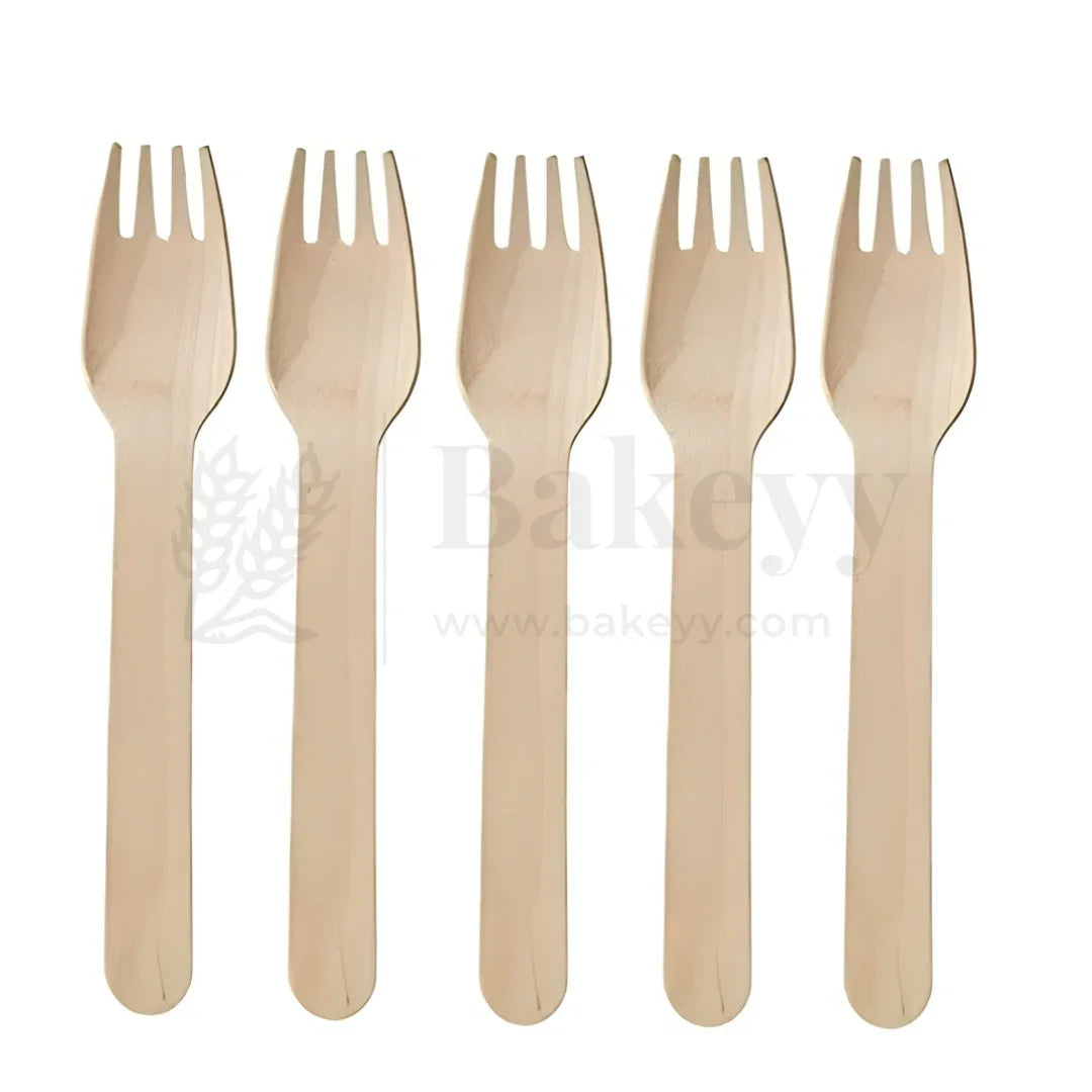 Set of five eco-friendly wooden forks for baking supplies from Bakeyy.com on white background