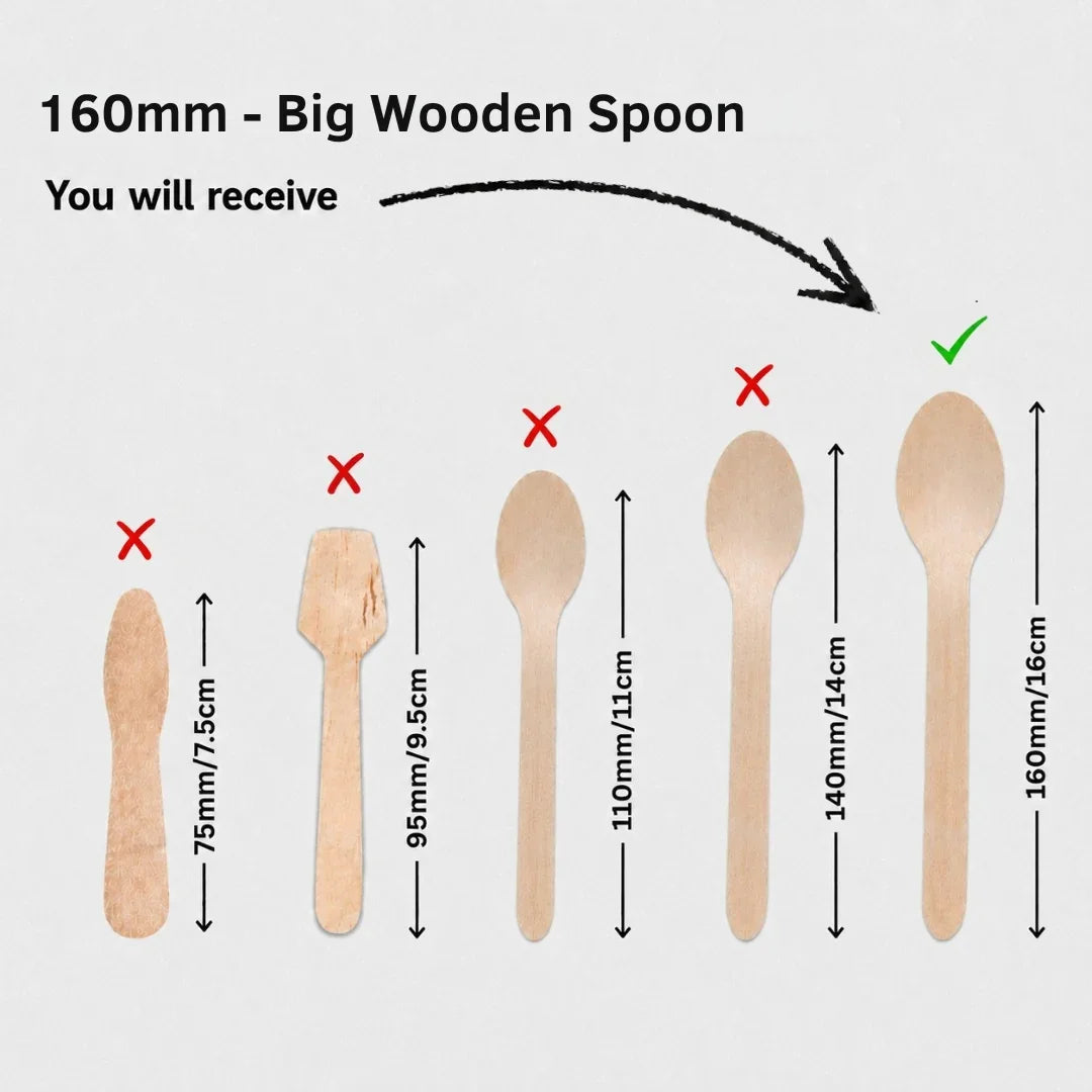 A size guide showing different wooden spoon shapes with dimensions in centimeters, highlighting that the customer will receive a 160mm big wooden spoon, marked with a green checkmark and an arrow.