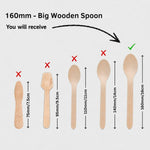 A size guide showing different wooden spoon shapes with dimensions in centimeters, highlighting that the customer will receive a 160mm big wooden spoon, marked with a green checkmark and an arrow.