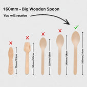 A size guide showing different wooden spoon shapes with dimensions in centimeters, highlighting that the customer will receive a 160mm big wooden spoon, marked with a green checkmark and an arrow.