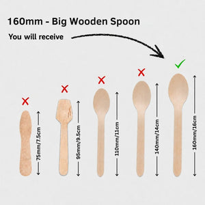 A size guide showing different wooden spoon shapes with dimensions in centimeters, highlighting that the customer will receive a 160mm big wooden spoon, marked with a green checkmark and an arrow.