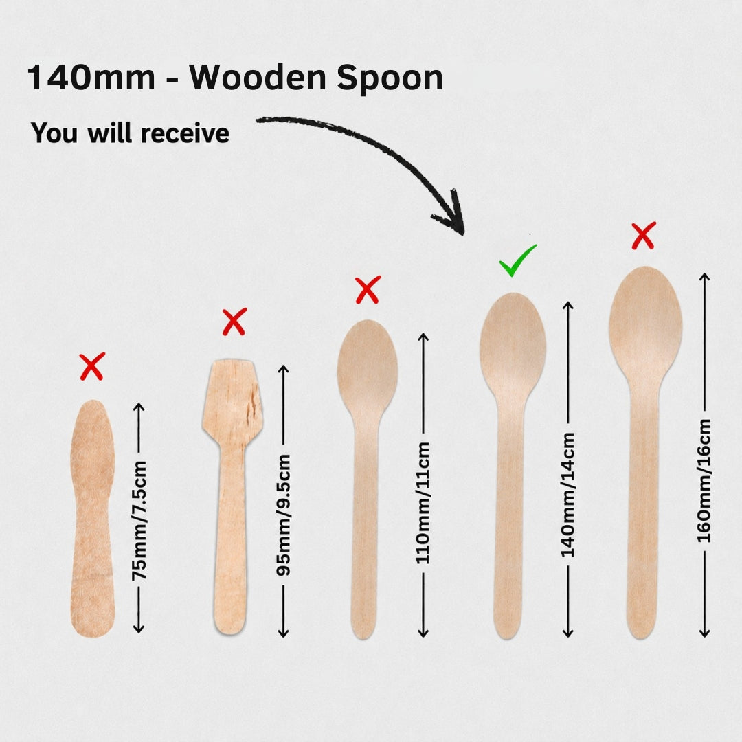 A size comparison graphic for a 140mm wooden spoon, showing several wooden spoon shapes with red X marks, a green check mark, and dimension arrows on a light gray background.