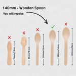 A size comparison graphic for a 140mm wooden spoon, showing several wooden spoon shapes with red X marks, a green check mark, and dimension arrows on a light gray background.