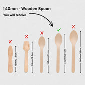 A size comparison graphic for a 140mm wooden spoon, showing several wooden spoon shapes with red X marks, a green check mark, and dimension arrows on a light gray background.