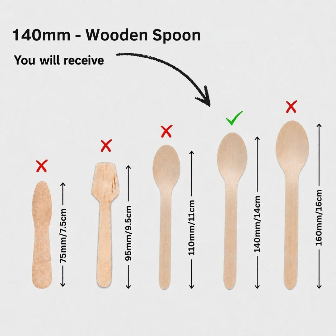 A size comparison graphic for a 140mm wooden spoon, showing several wooden spoon shapes with red X marks, a green check mark, and dimension arrows on a light gray background.