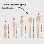 A size comparison graphic for a 140mm wooden spoon, showing several wooden spoon shapes with red X marks, a green check mark, and dimension arrows on a light gray background.