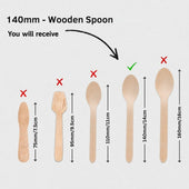 A size comparison graphic for a 140mm wooden spoon, showing several wooden spoon shapes with red X marks, a green check mark, and dimension arrows on a light gray background.
