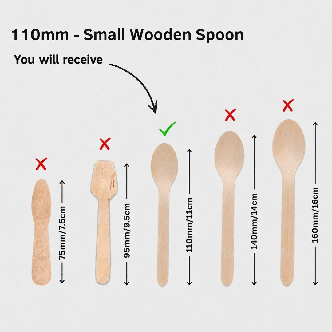 Size guide for a 110mm small wooden spoon, showing a wooden spoon at the center marked with a green checkmark and other larger spoon sizes marked with red X's on a light gray background.