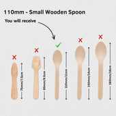 Size guide for a 110mm small wooden spoon, showing a wooden spoon at the center marked with a green checkmark and other larger spoon sizes marked with red X's on a light gray background.