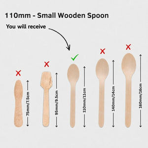 Size guide for a 110mm small wooden spoon, showing a wooden spoon at the center marked with a green checkmark and other larger spoon sizes marked with red X's on a light gray background.