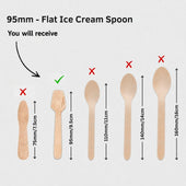 A size comparison graphic showing a 95mm flat ice cream spoon in the center with arrows and text indicating the correct size, alongside larger incorrect spoon sizes labeled with red X marks and dimensions in centimeters.