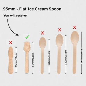 A size comparison graphic showing a 95mm flat ice cream spoon in the center with arrows and text indicating the correct size, alongside larger incorrect spoon sizes labeled with red X marks and dimensions in centimeters.