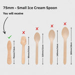 Size comparison graphic showing a small wooden ice cream spoon next to larger spoon options labeled 75mm/7.5cm, 95mm/9.