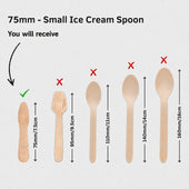 Size comparison graphic showing a small wooden ice cream spoon next to larger spoon options labeled 75mm/7.5cm, 95mm/9.
