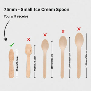 Size comparison graphic showing a small wooden ice cream spoon next to larger spoon options labeled 75mm/7.5cm, 95mm/9.