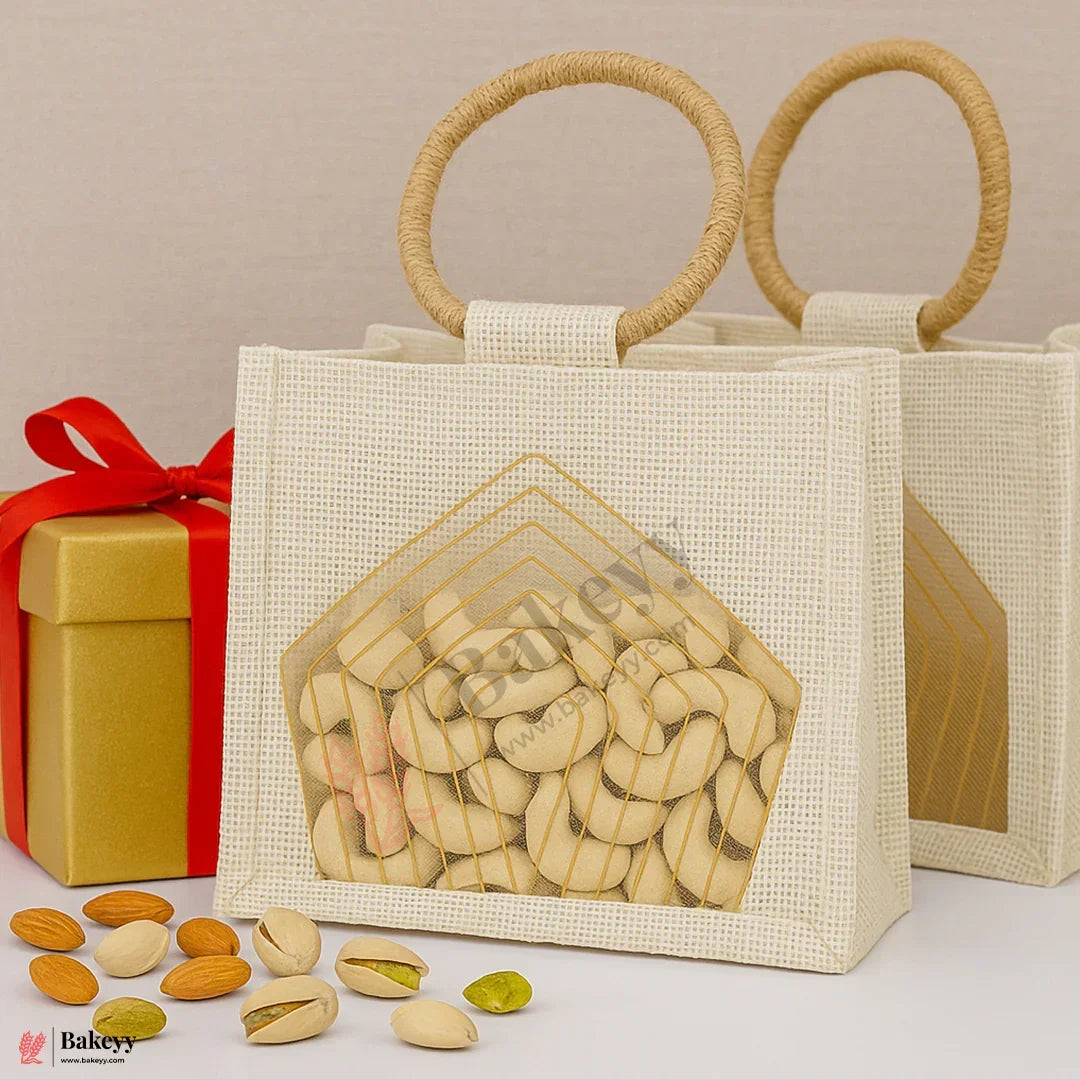 22x10.5x15 cm Beige & Cream Jute Gift Bag with Transparent Window & Round Handles Pack Of 1