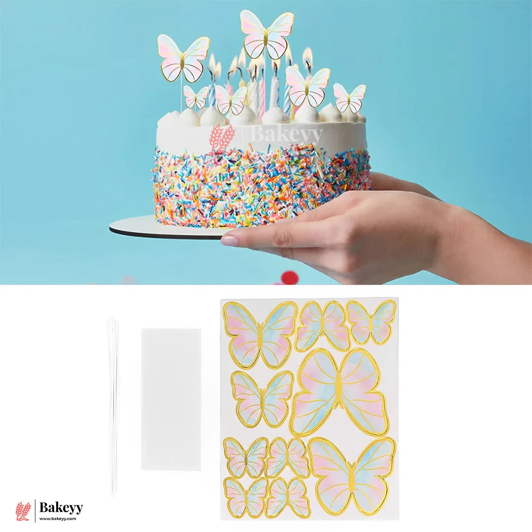 Soft Pink , Blue & Gold | Butterfly Toppers | Elegant Decoration for Cakes, Cupcakes & Desserts | Set of 10