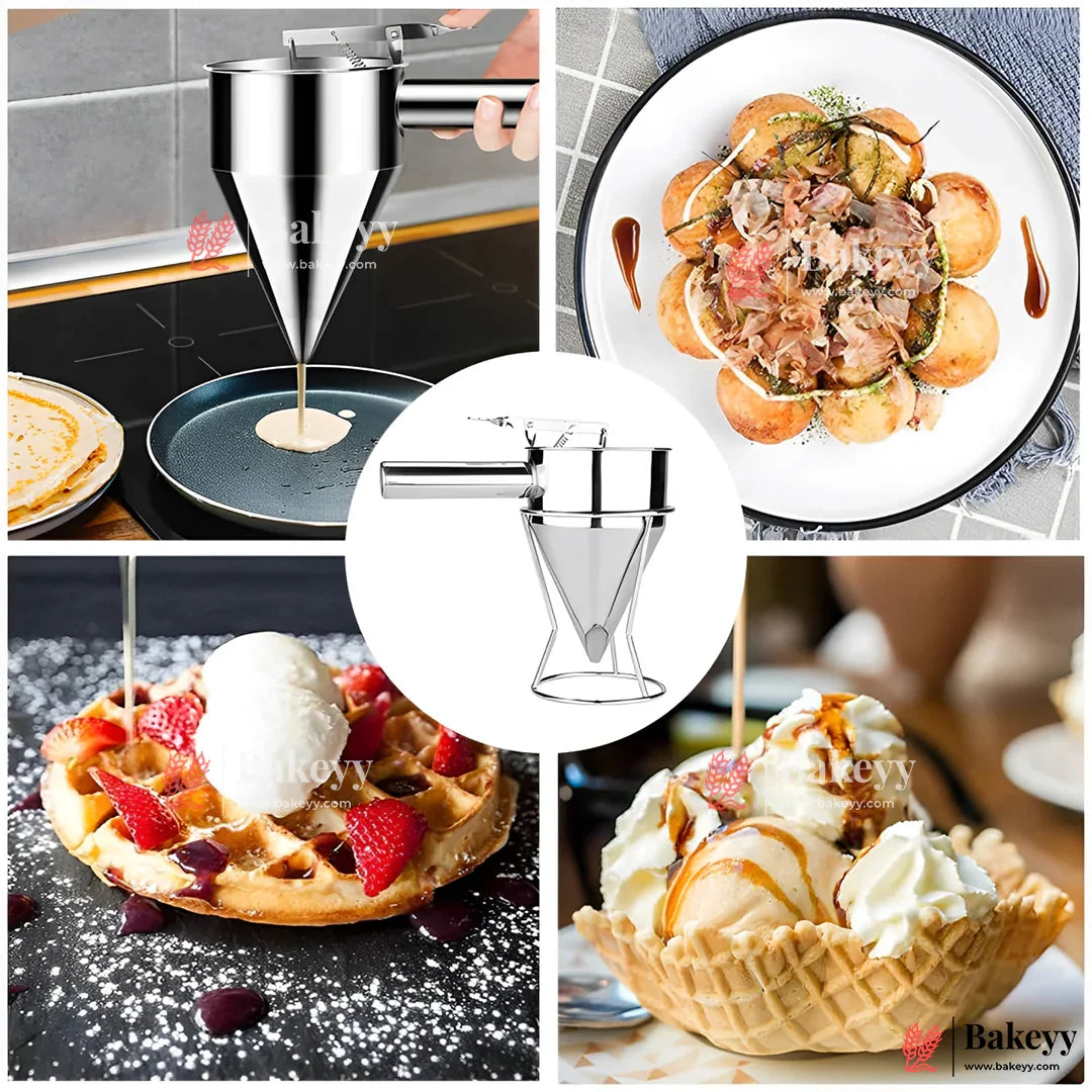 Pancake Batter Dispenser, Stainless Steel Funnel Dispenser, Octopus Balls Tools, Stainless Steel Piston Funnel, Baking Funnel with Handle & Rack, Dispenser Funnel for Baking Waffles, Crepes, Cupcakes - Bakeyy.com - India - Pancake Batter Dispenser, Stainless Steel Funnel Dispenser, Octopus Balls Tools, Stainless Steel Piston Funnel, Baking Funnel with Handle & Rack, Dispenser Funnel for Baking Waffles, Crepes, Cupcakes - Default Title