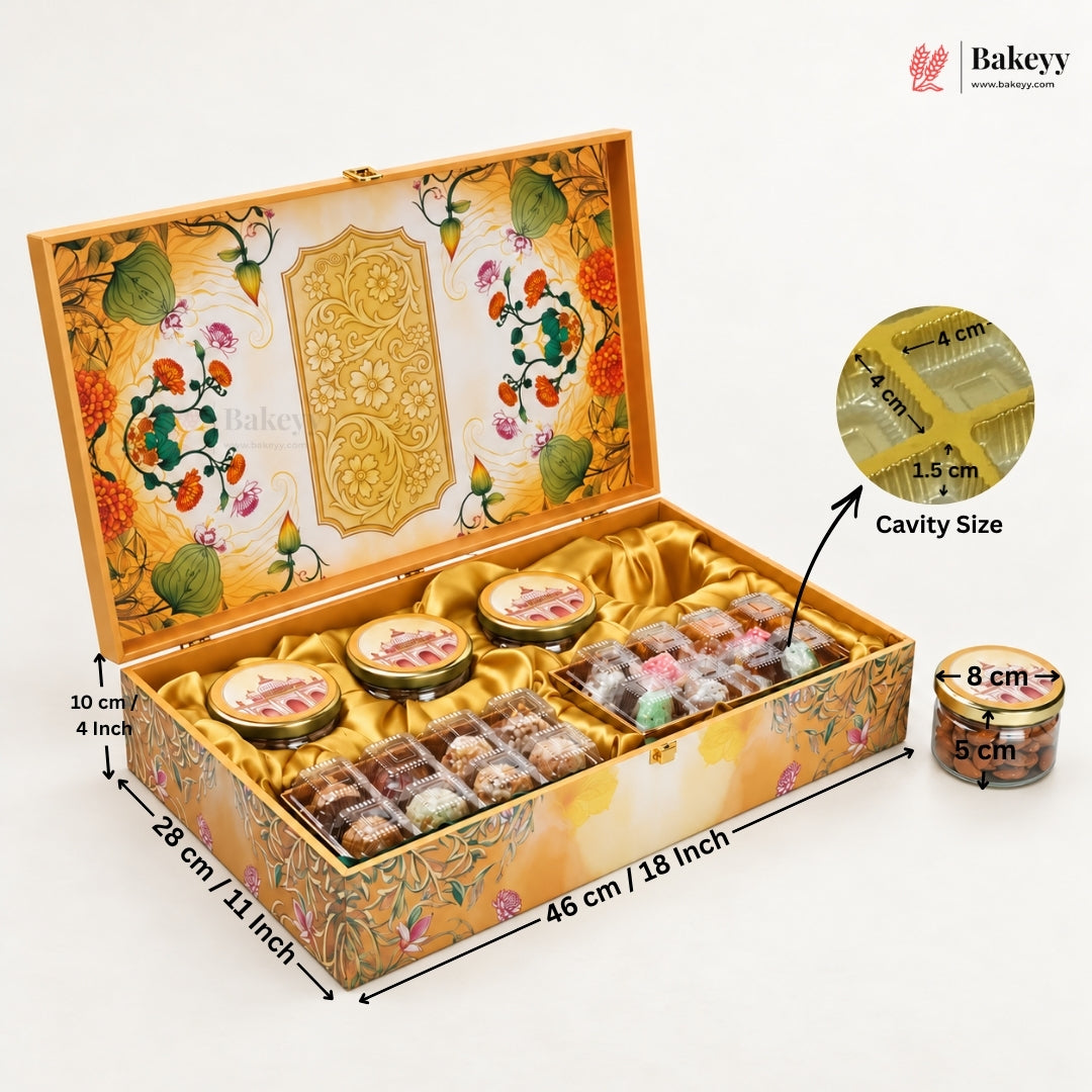 Yellow White Floral Garden MDF Hamper Box with Jars & Cavity Trays | Pack of 1
