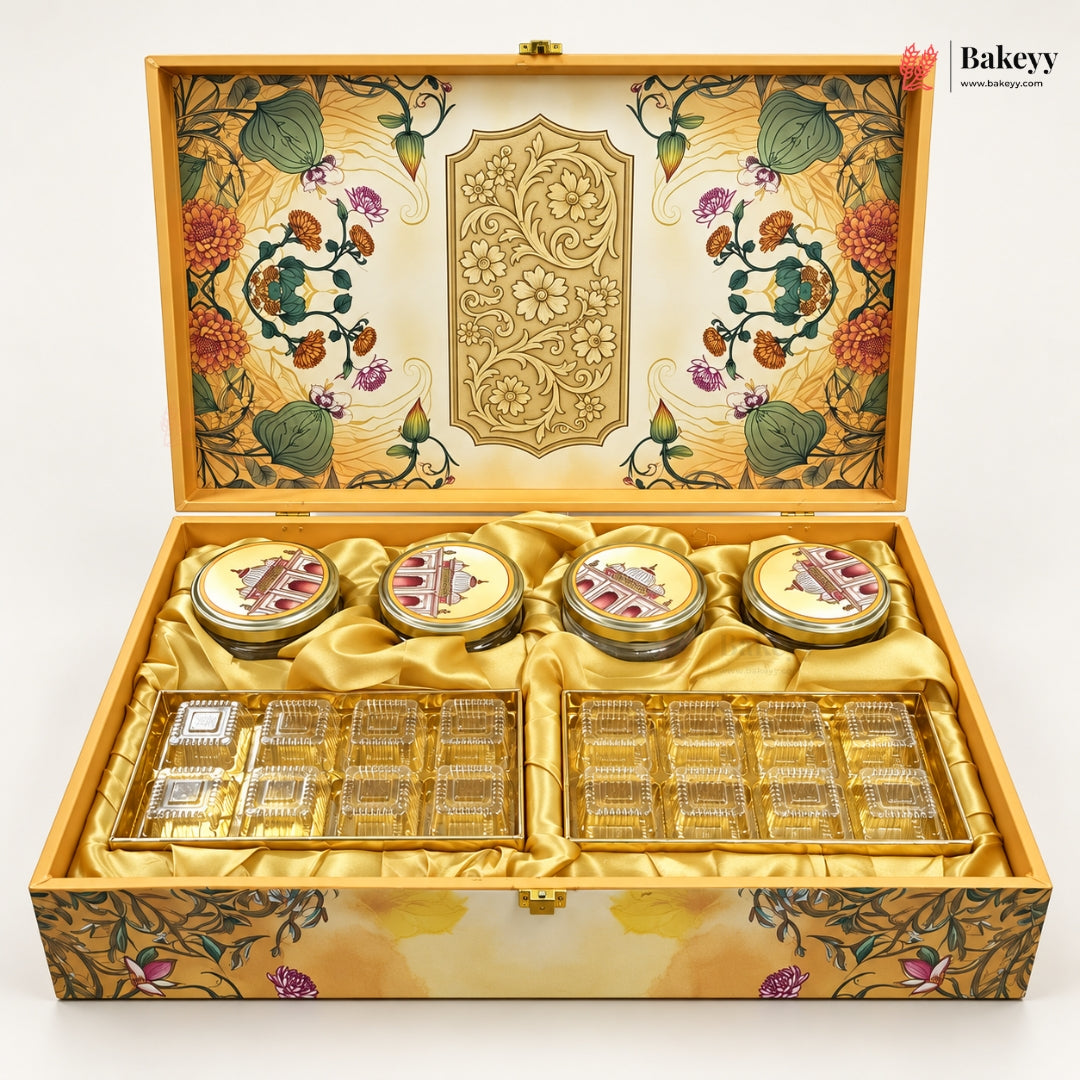 Yellow White Floral Garden MDF Hamper Box with Jars & Cavity Trays | Pack of 1